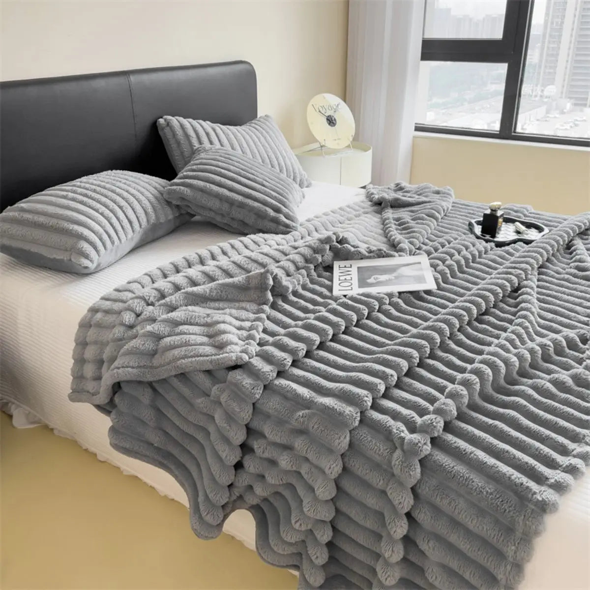 Solid color thickened weighted striped multifunctional blanket