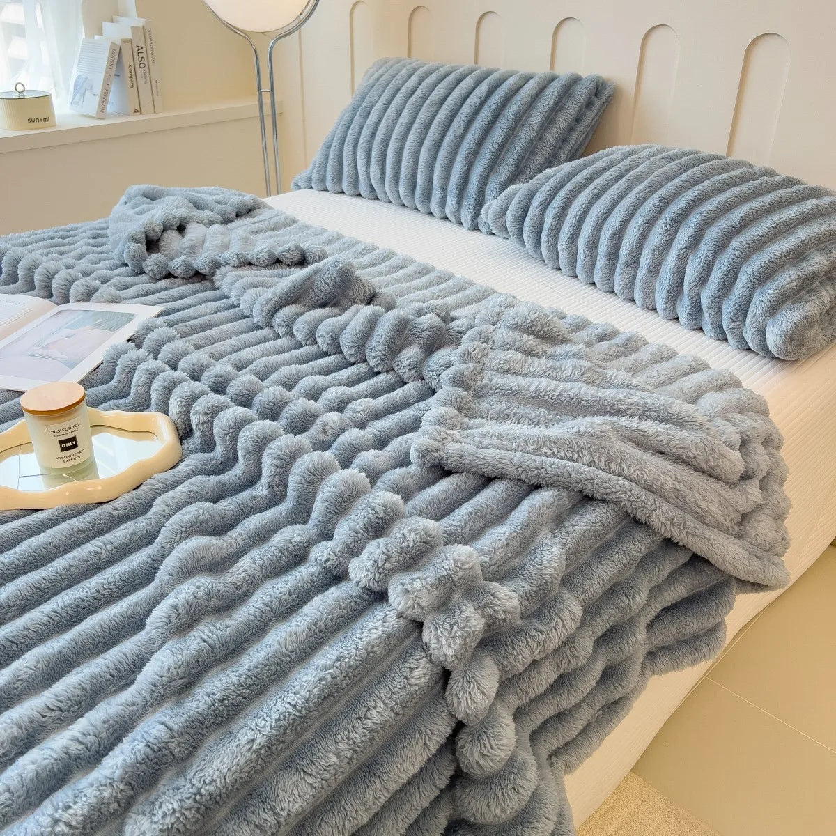 Solid color thickened weighted striped multifunctional blanket