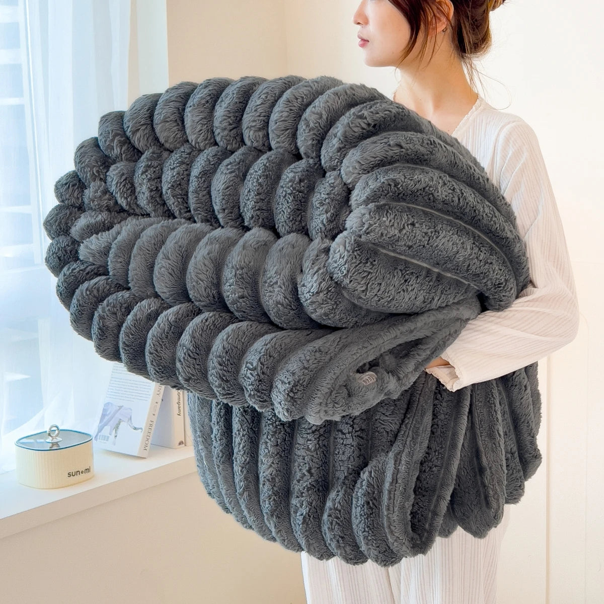 Solid color thickened weighted striped multifunctional blanket
