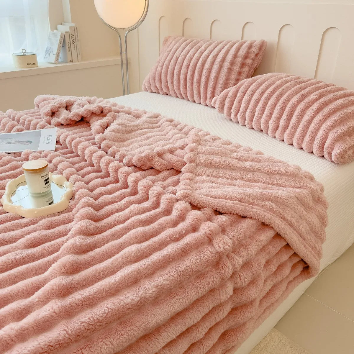Solid color thickened weighted striped multifunctional blanket